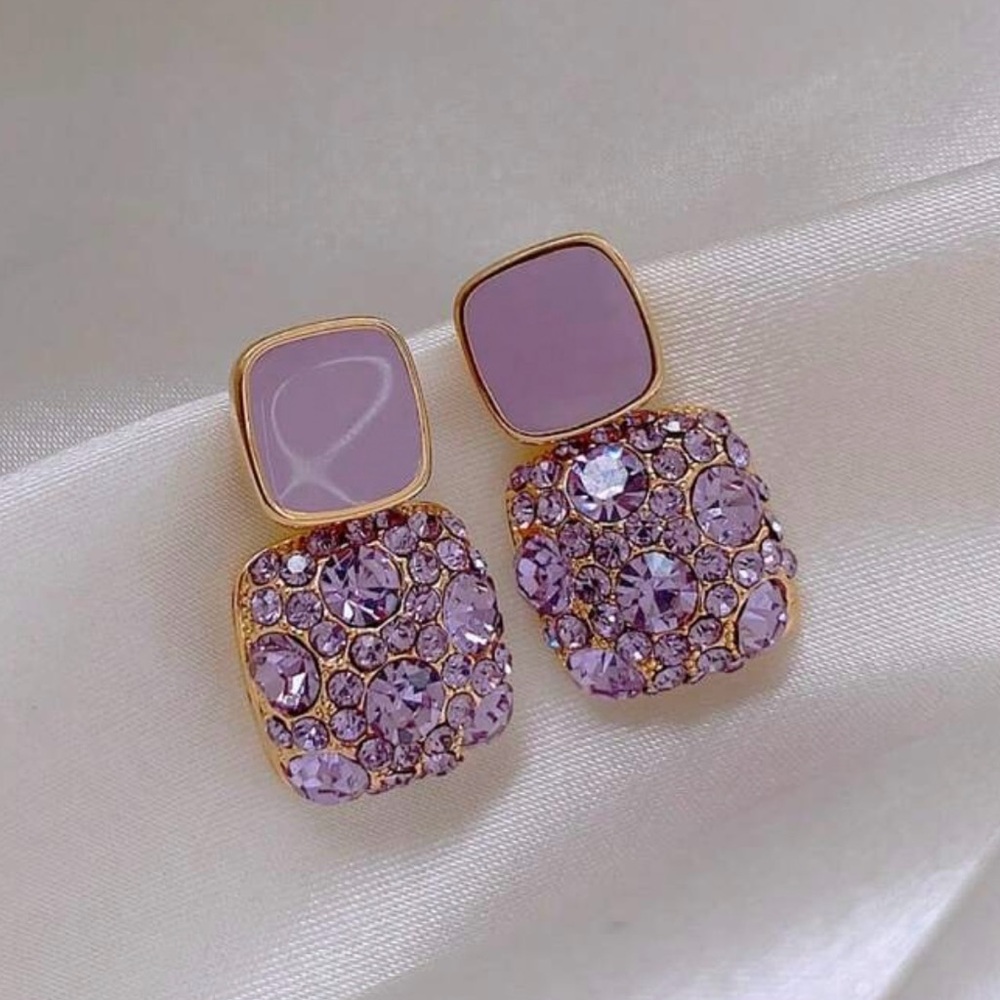 Purple Square Earrings Full Bright Crystals Elegant Small Jewelry Banquet Party
